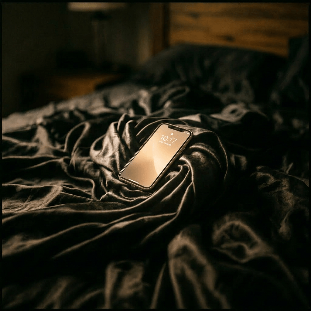 Unmade bed with dark, wrinkled sheets and pillow against wooden headboard